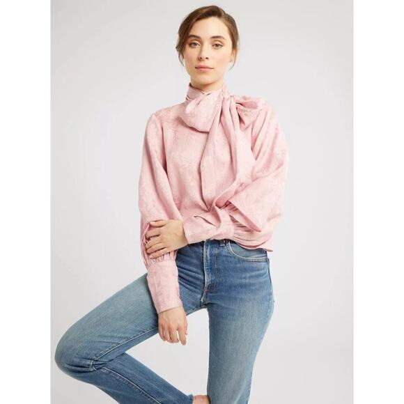 Millie Womens XL Top in Pink Jacquard Tie Neck Layered Sleeves Button-Up NWOT - Picture 4 of 14